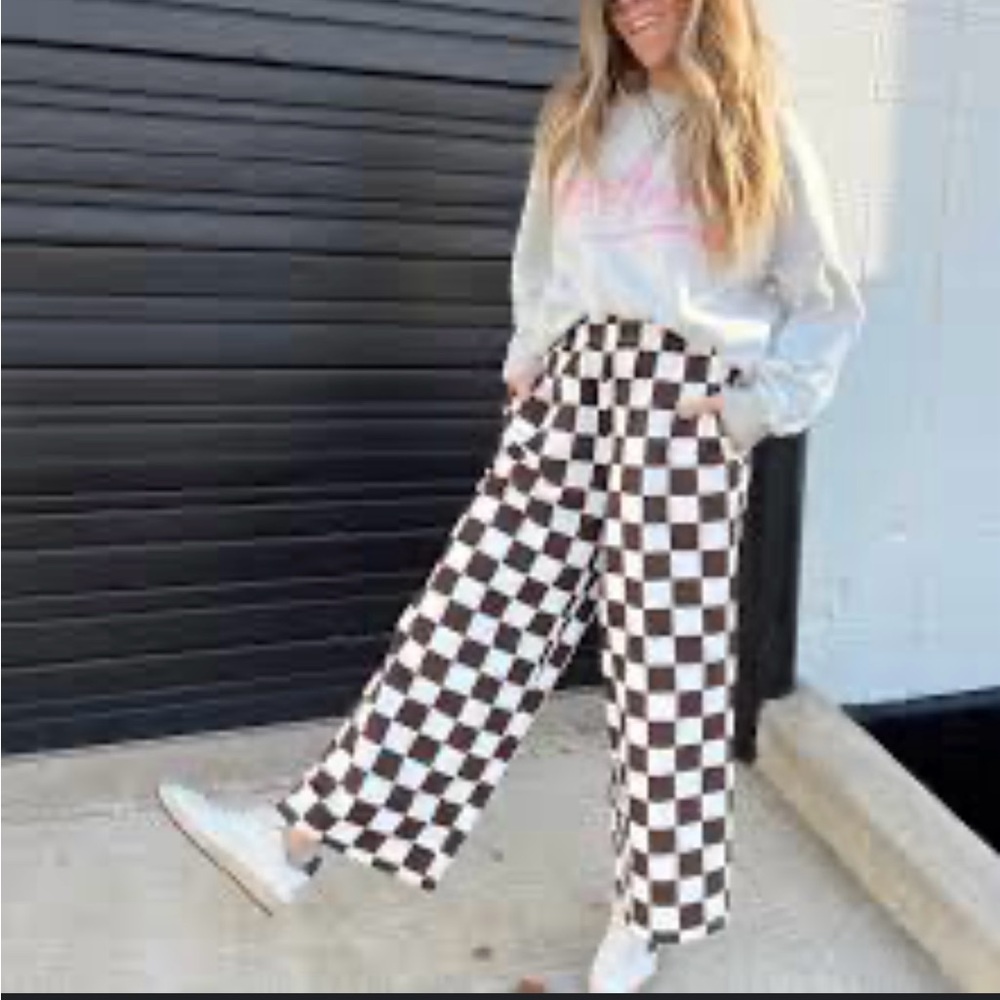 Ascot & Hart White and Brown Checkered Wide Leg Pants